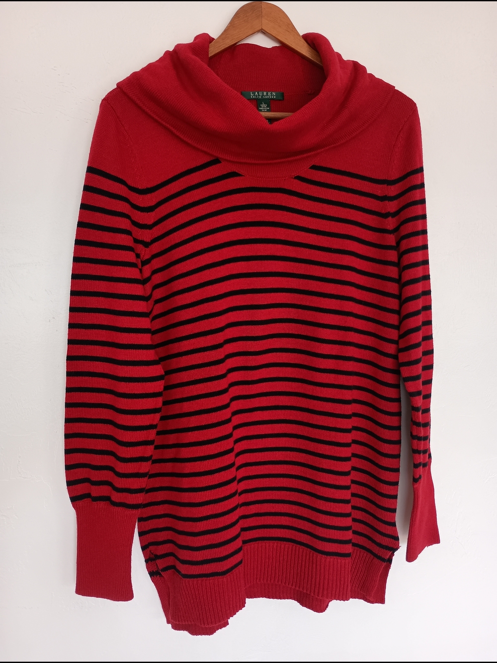 Ralph Lauren Wool Blend Red and Black Striped Cowl Neck Sweater